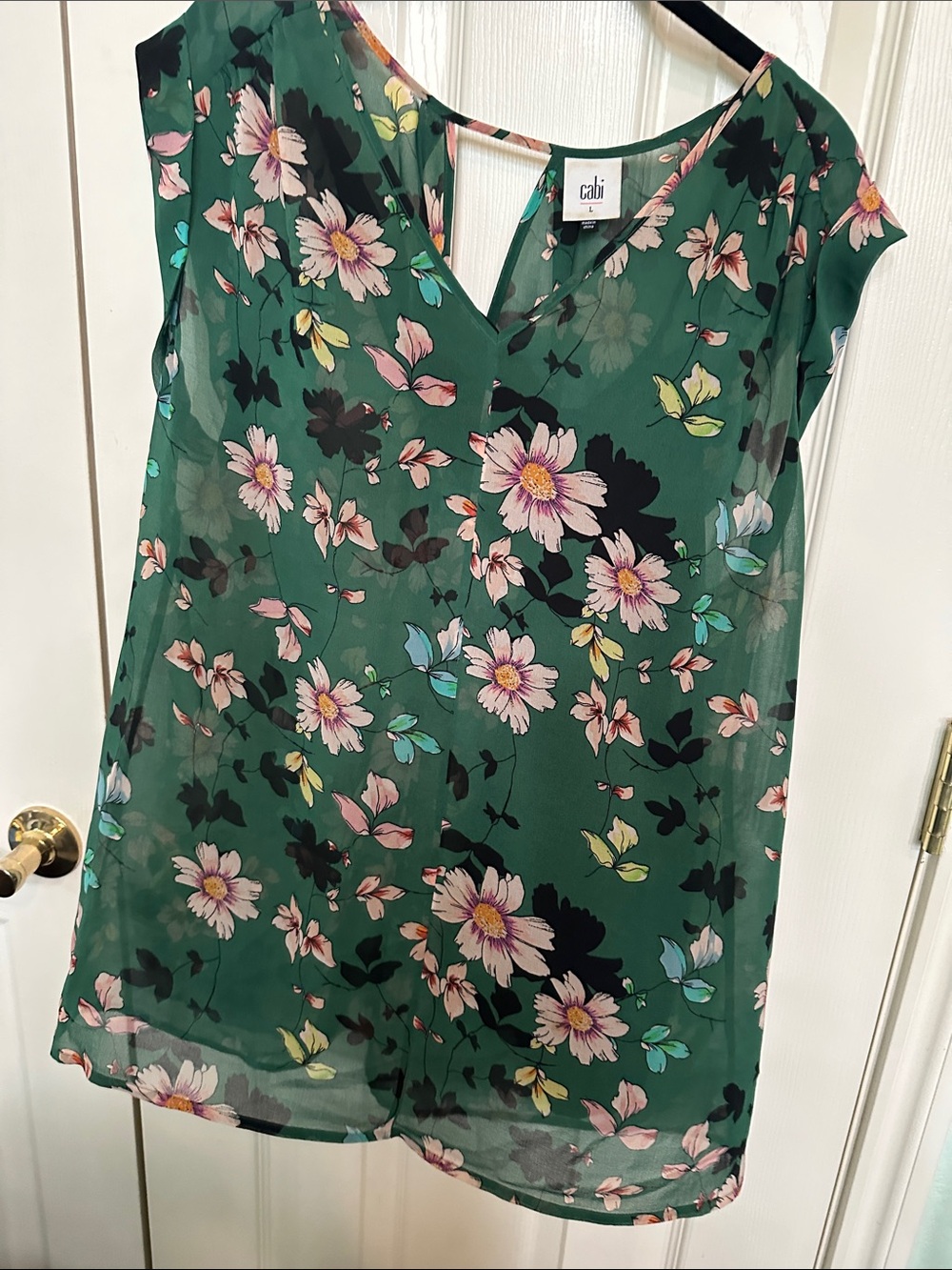CAbi Sleeveless Green Floral V-Neck Shell